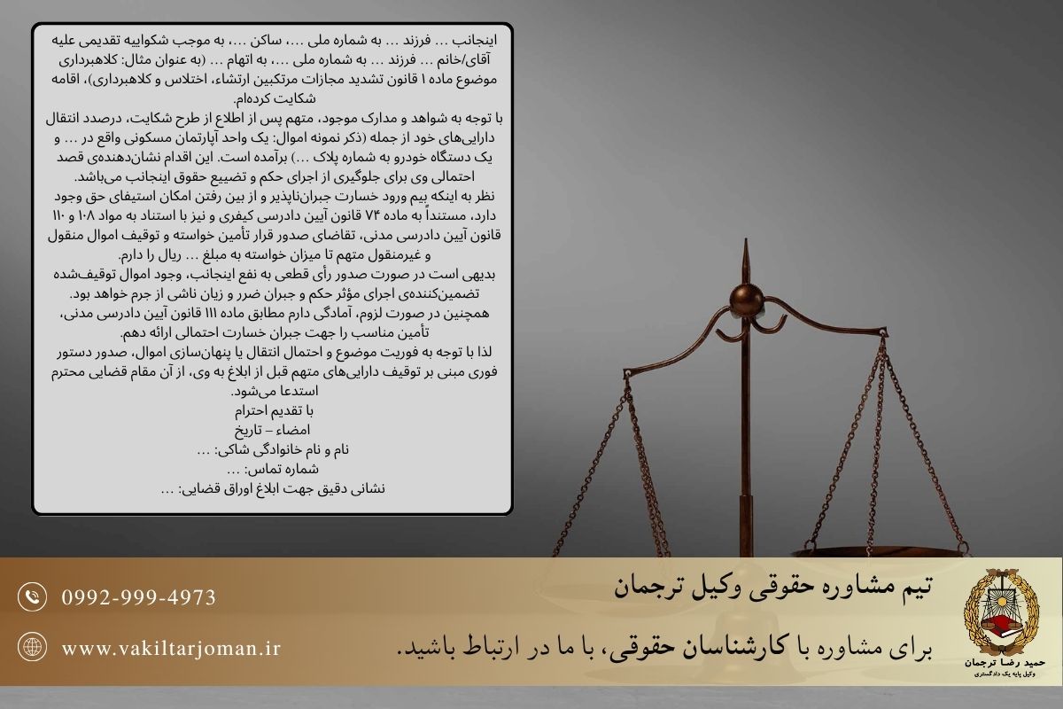 نمونه لایحه درخواست تأمین خواسته کیفری