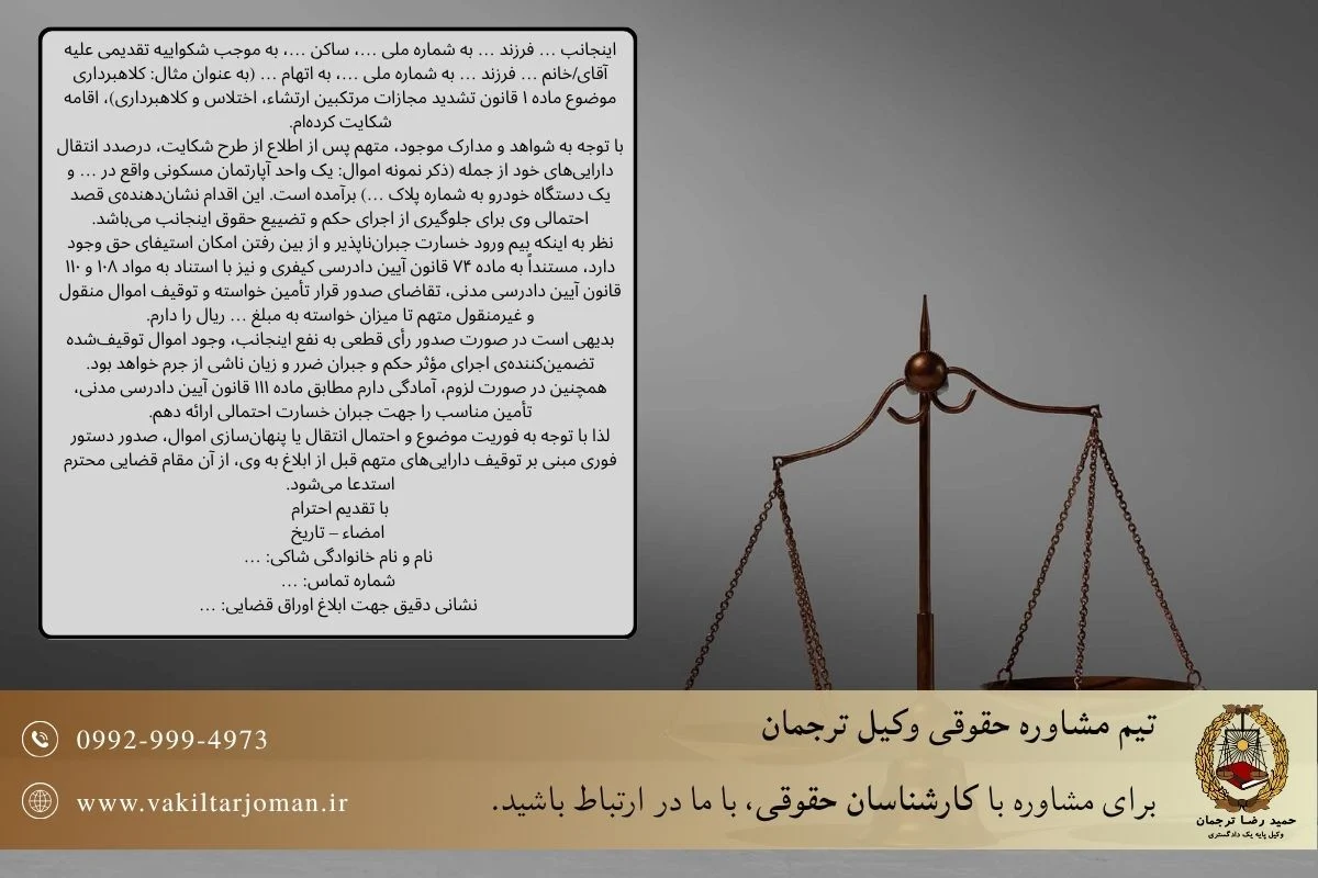 نمونه لایحه درخواست تأمین خواسته کیفری