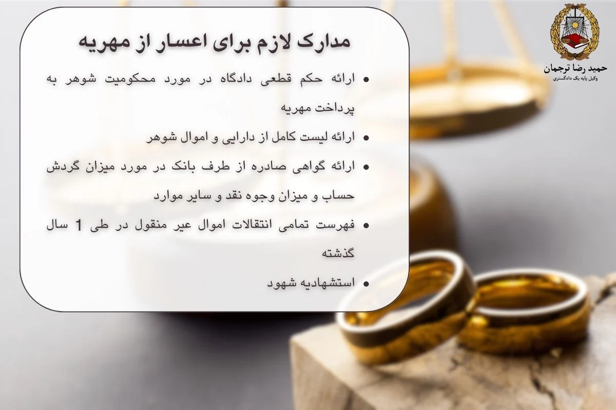 مدارک لازم برای اعسار از مهریه