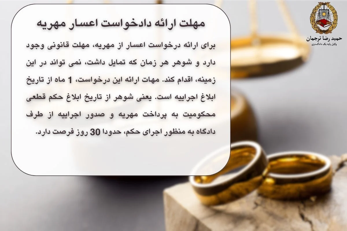 مهلت ارائه دادخواست اعسار مهریه